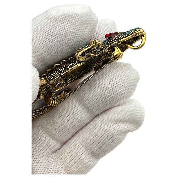 Crocodile Reptile Pin Brooch Pendant, Gold-tone, Rhinestone Crystals, Gift Bag - Picture 5 of 7